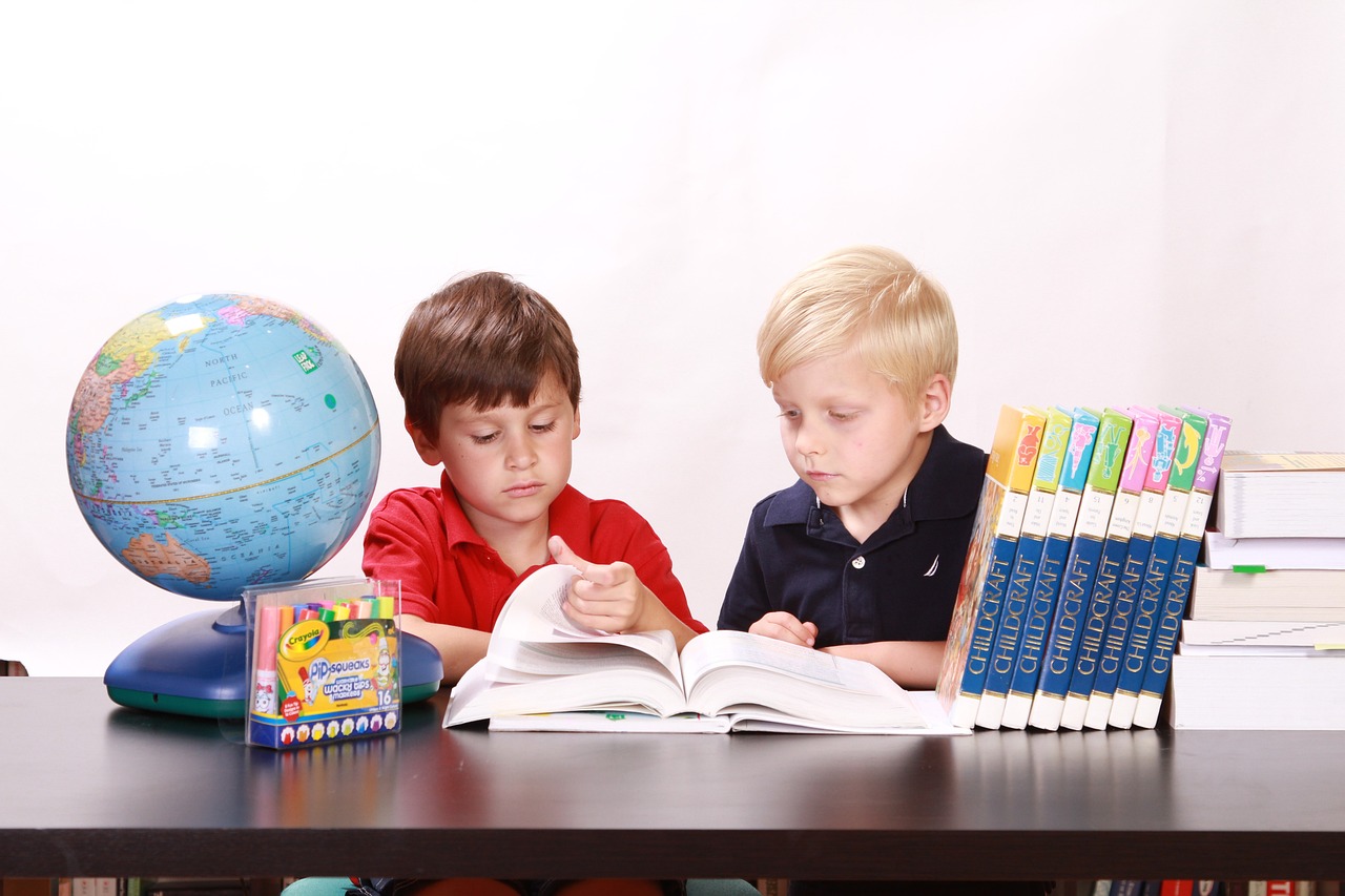 Two boys studying with books and globe.